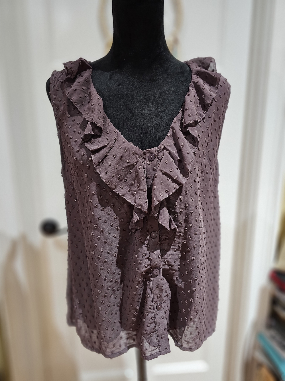 Wishlist Deep Mauve Ruffled Swiss Dot Sleeveless Blouse